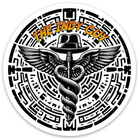 The Indy Guy logo with a runic circle and caduceus in the middle wearing a fedora similar to the one that Indiana Jones wears. Snakes encircle the caduceus...which is ironic since Indiana Jones hates snakes!