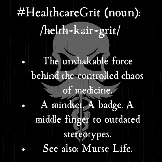 Definition of 'Healthcare Grit' with a black and white illustration on a black background