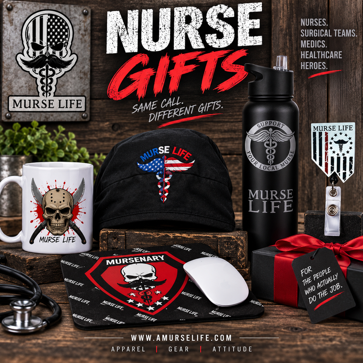 Murse Life nurse gifts including scrub caps, badge reels, mugs, drinkware and healthcare gear