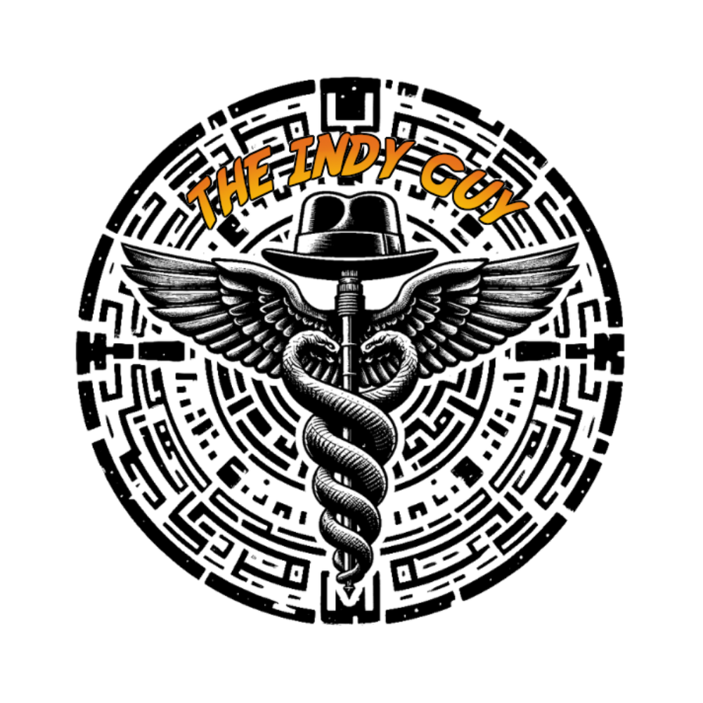 The Indy Guy logo with a runic circle and caduceus in the middle wearing a fedora similar to the one that Indiana Jones wears. Snakes encircle the caduceus...which is ironic since Indiana Jones hates snakes!