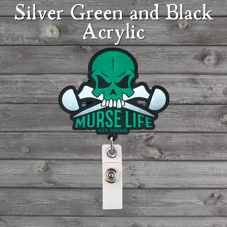 Silver Green and Black acrylic Ortho Skull badge reel