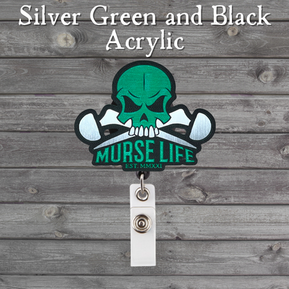 Silver Green and Black acrylic Ortho Skull badge reel