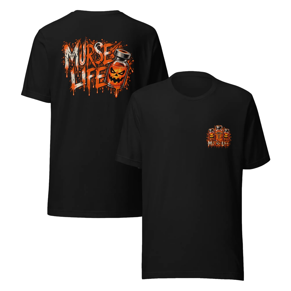 Front and back views of black Murse Life Halloween Medication Vial graphic tee