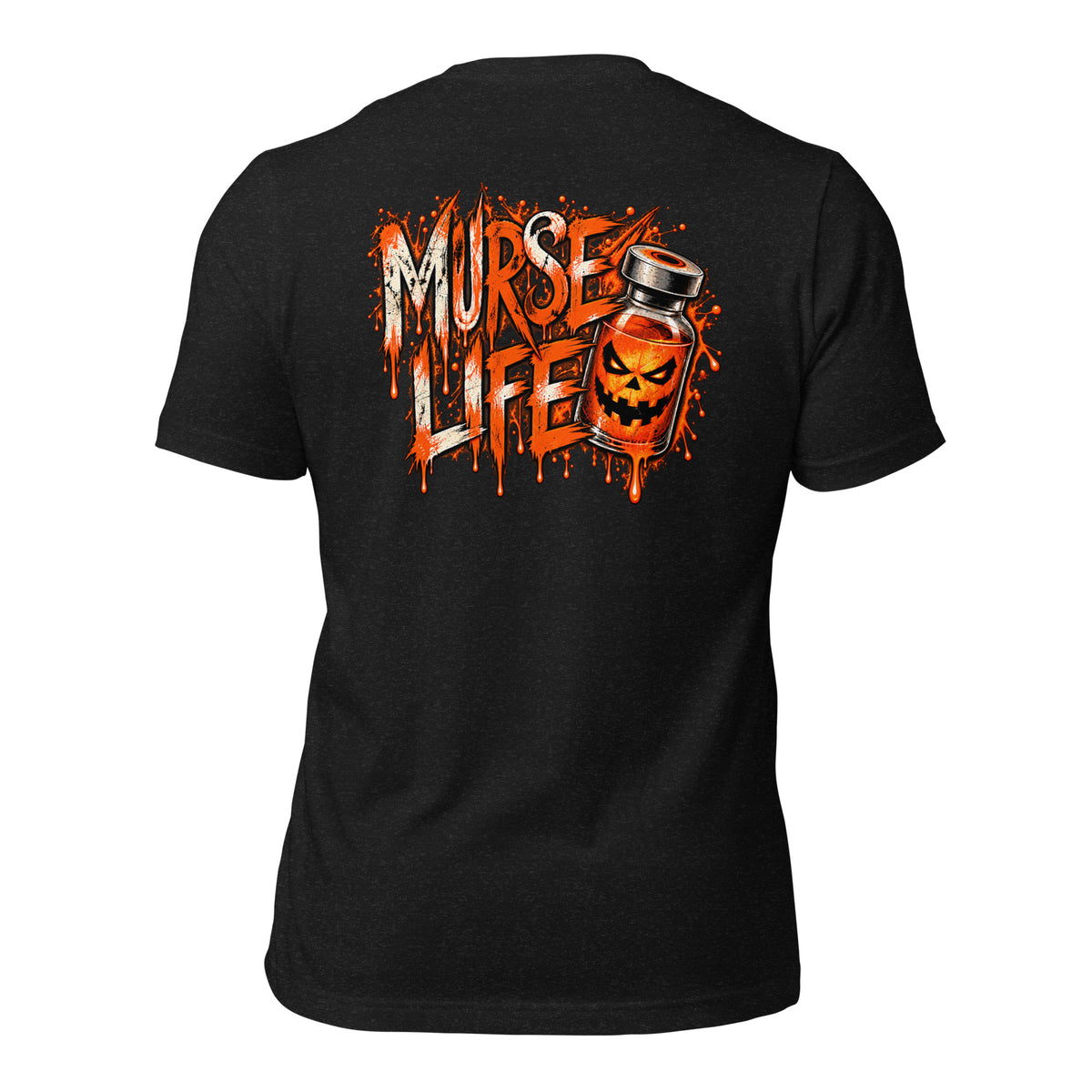 Black Murse Life Halloween T-shirt with orange pumpkin medication vial graphic on back