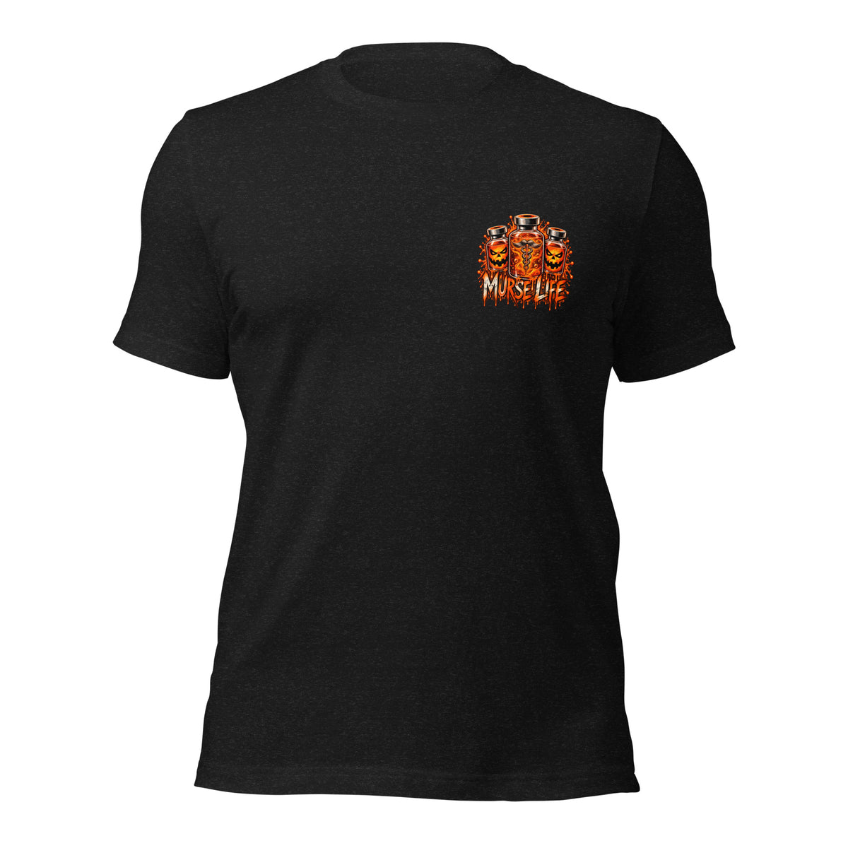 Black Halloween healthcare T-shirt with small orange Murse Life medication vial chest logo